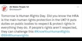 Tweet from All Wales People First: "Tomorrow is Human Rights Day. Did you know the HRA is the main human rights protection in the UK? It puts duties on public bodies to respect & protect rights in everything they do. If people's rights aren't respected, they can challenge this #KnowYourHumanRights  @BIHRhumanrights"