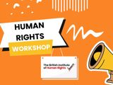 Orange poster reading "Human Rights Workshop"